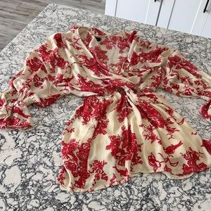 Red and Cream Floral Wrap Dress